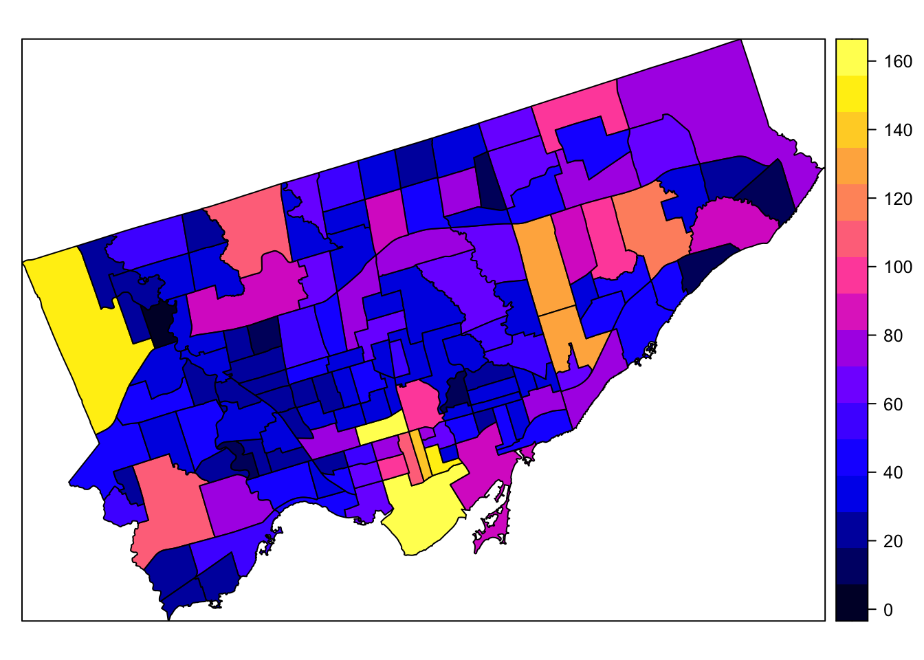 Map of the City of Toronto neighbourhoods with shading representing break and enter crime data from 2014.
