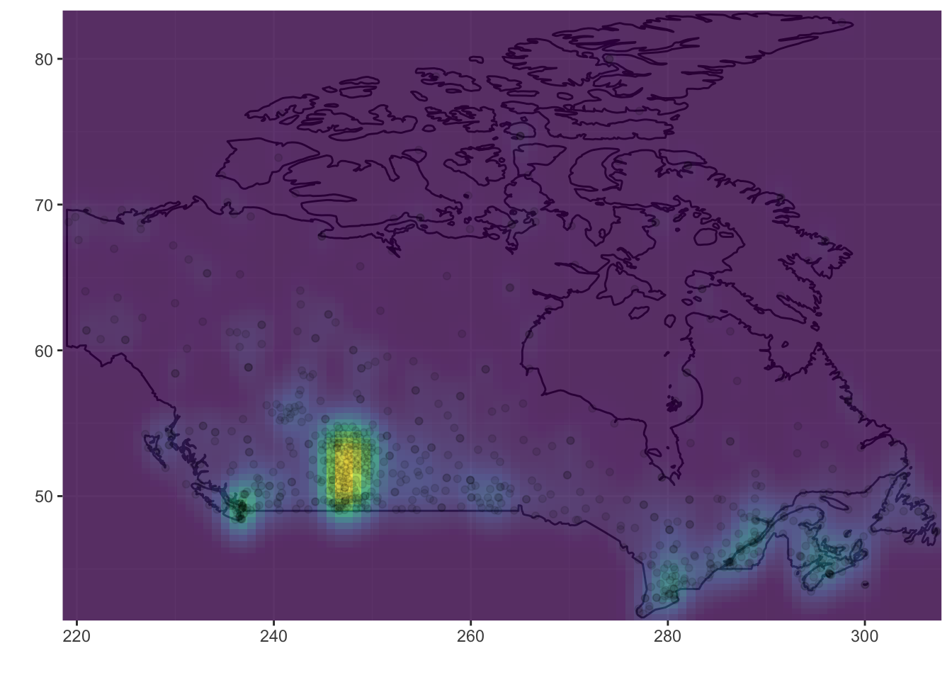 Meteorological station as 2D density map in Canada, data source: http://www.ogimet.com/home.phtml.en