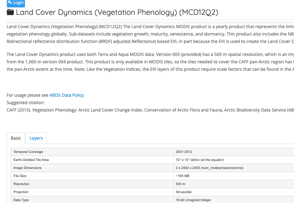 Screenshot of a dataset from the Arctic Biodiversity Data Service