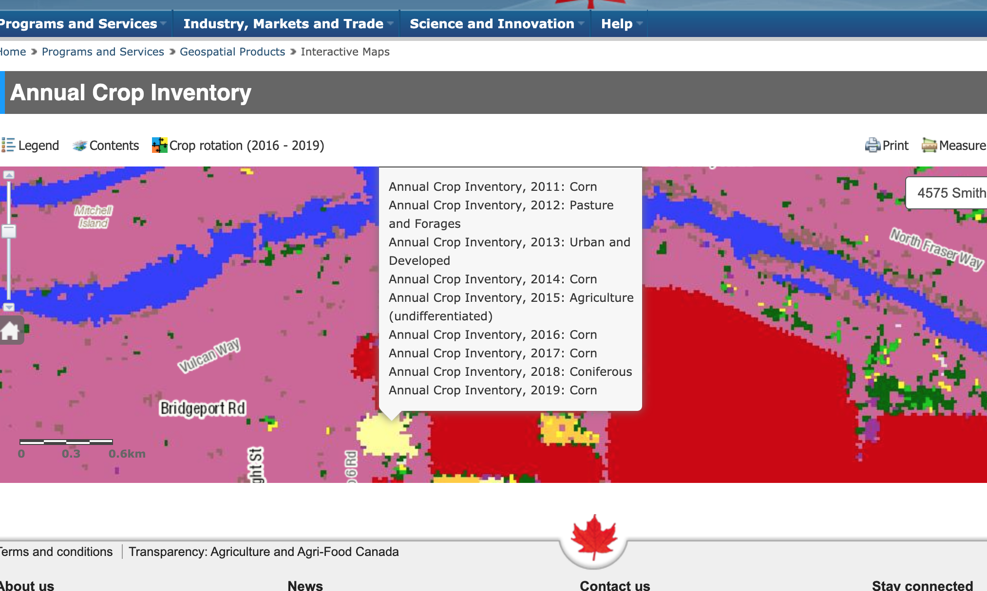 Clicking on a pixel in the web-map of the AAFC Annual Crop Inventory gives the history of predicted crop types for that location.  Source. Screenshot by Colin Robertson.  Used with permission