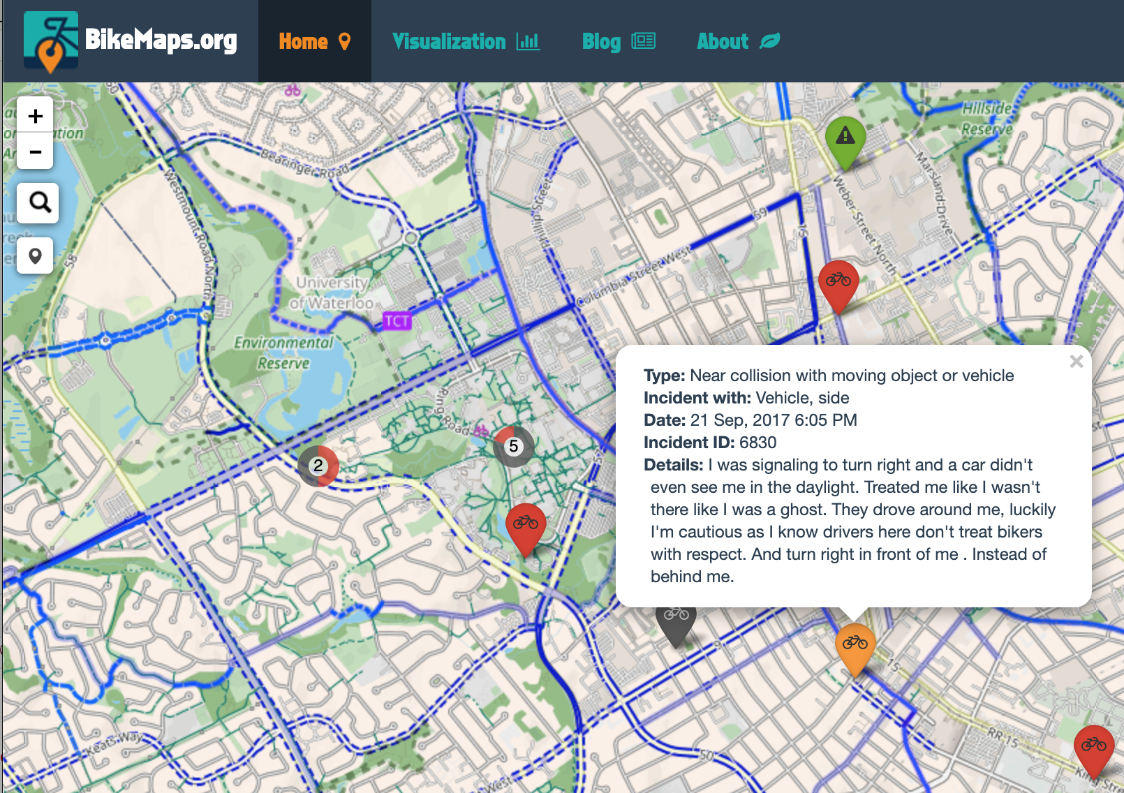 Citizen science project Bike Maps uses web-mapping and geospatial data to track bicycle collisions, near misses, and thefts in cities across the world. Here the orange pin has been clicked to explore more attribute information about the near-miss event.