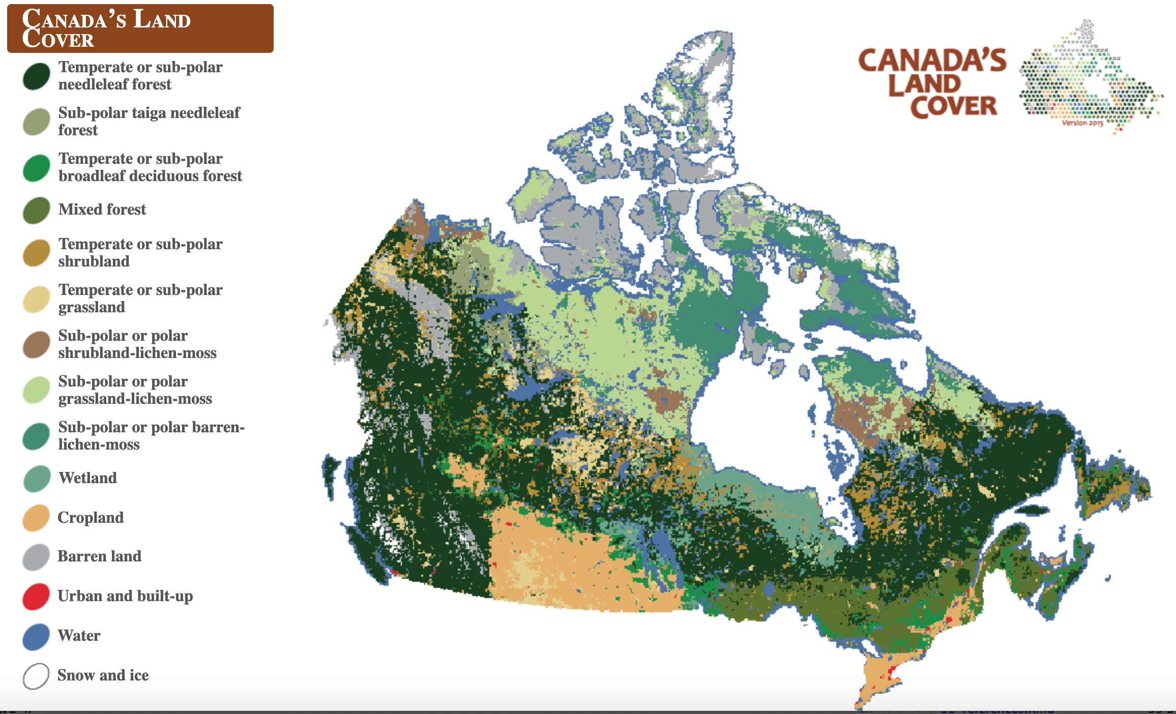 Canada landcover map, 2015, derived from satellite imagery. Source: Natural Resources Canada. Screenshot taken by Colin Robertson. Used with permission.
