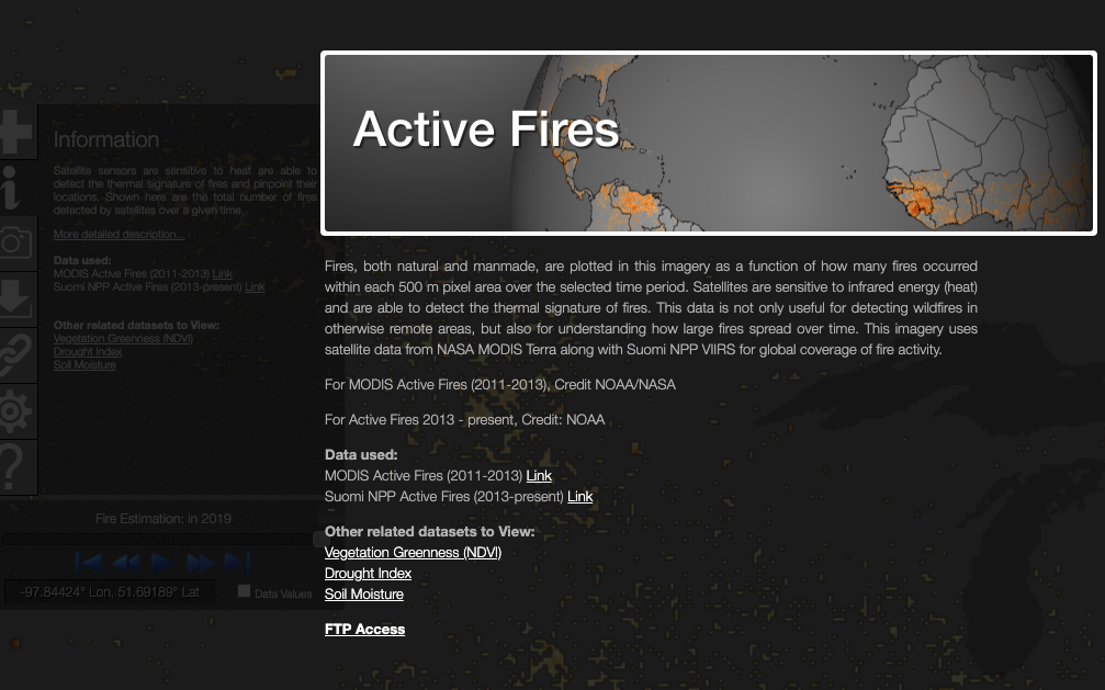 Screenshot of the [interface of NOAA View Data Exploration Tool](https://www.nnvl.noaa.gov/view/globaldata.html) showing metadata for the Active Fires dataset