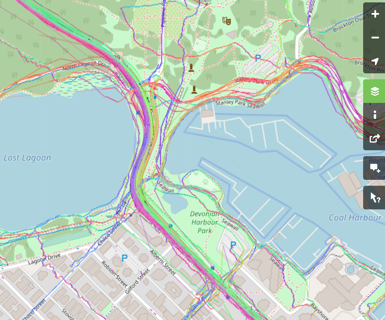 Screenshot of [OSM public GPS trace data near Stanley Park](https://www.openstreetmap.org/search?query=stanley%20park#map=14/49.3019/-123.1380&layers=G), Vancouver, BC.  OpenStreetMap, licensed under Creative Commons (CC BY-SA 2.0).