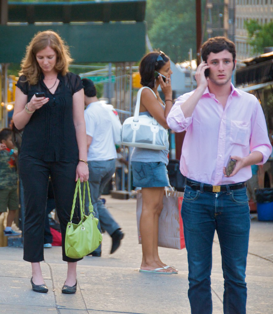 [Distracted wayfinders in a common urban scene.](https://upload.wikimedia.org/wikipedia/commons/thumb/4/47/People_using_cellphones_on_a_street_in_New_York.jpg/521px-People_using_cellphones_on_a_street_in_New_York.jpg) Image retrieved from Wikimedia Commons.  Licensed under CC BY-NC-SA 2.0