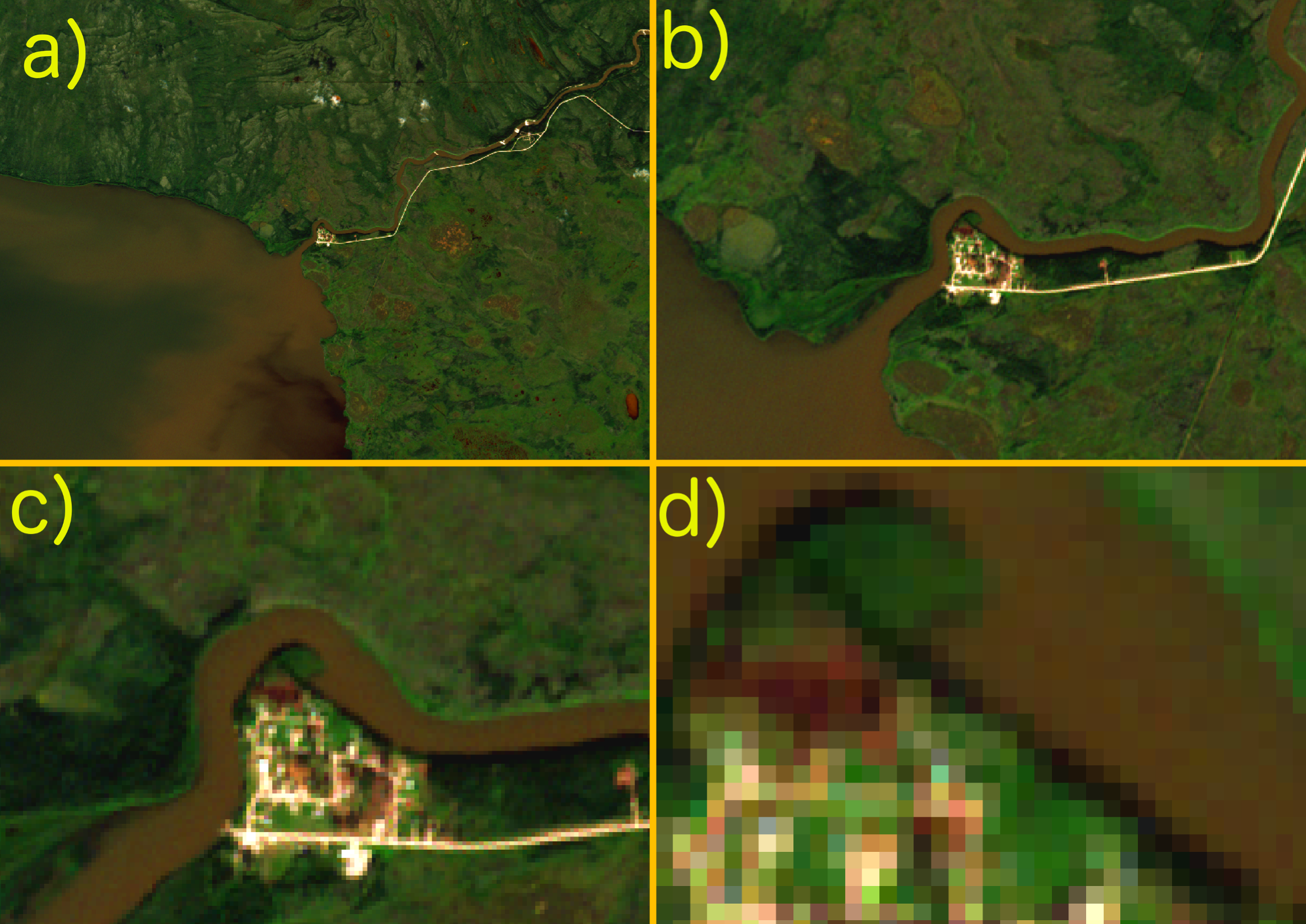Sentinel-2 satellite image over Kakisa, Northwest Territories, visualized at relative resolutions of a) 1:100,000, b) 1:50,000, c) 1:10,000, and d) 1:2,500 