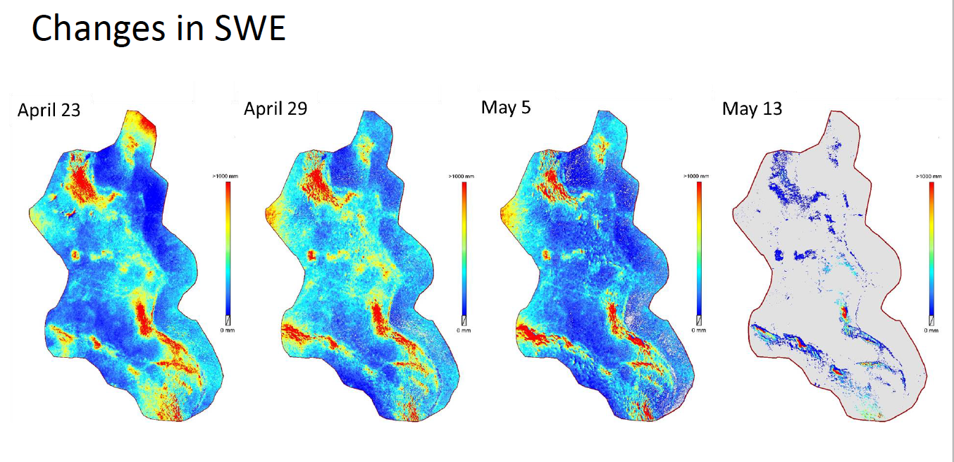 Visualization of change in snow water equivalent during melt of snowpack in Trail Valley Creek, NT., image source: Branden Walker. Used with permission.