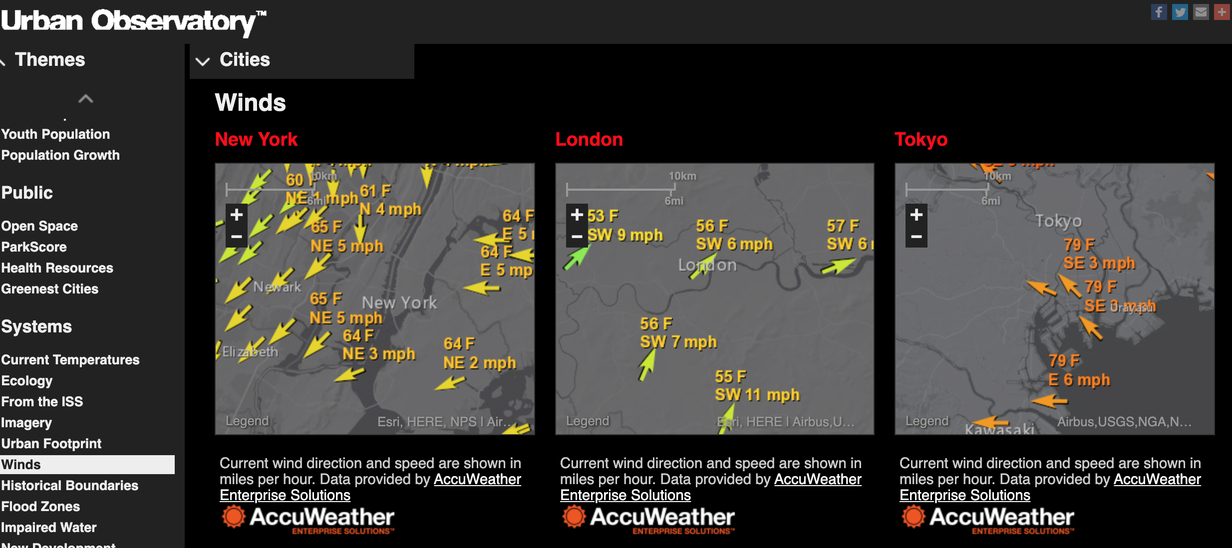 Comparing real time wind data between New York, Tokyo, and London with the Urban Observatory. Screenshot taken by Colin Robertson.  Used with permission
